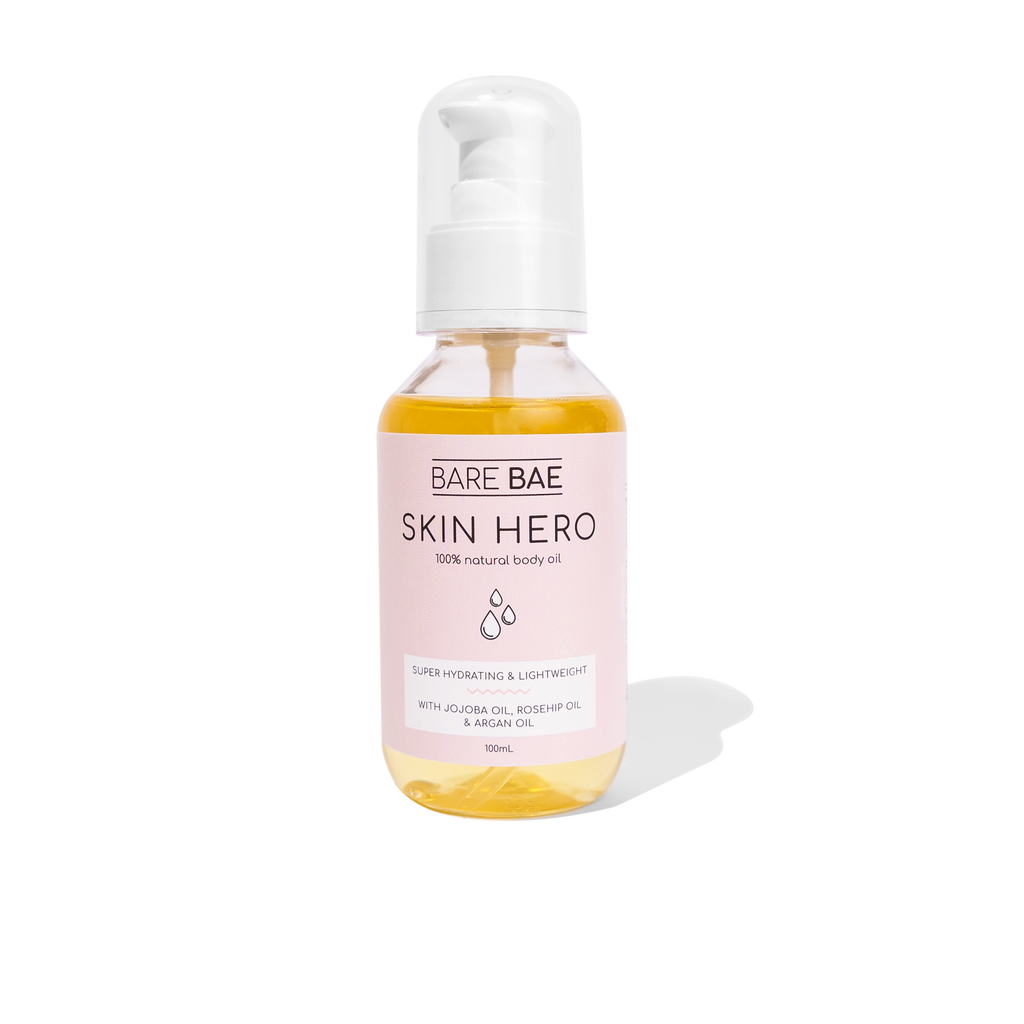 Bare Bae Skin Hero, Boasting 10 super potent, purposefully selected natural oils, this restorative face & body oil is infused with essential fatty acids, omegas 6 and 9, vitamin E, antioxidants, and many other nutrients to say goodbye to dry, dull skin and hey to soft, supple, healthy skin.